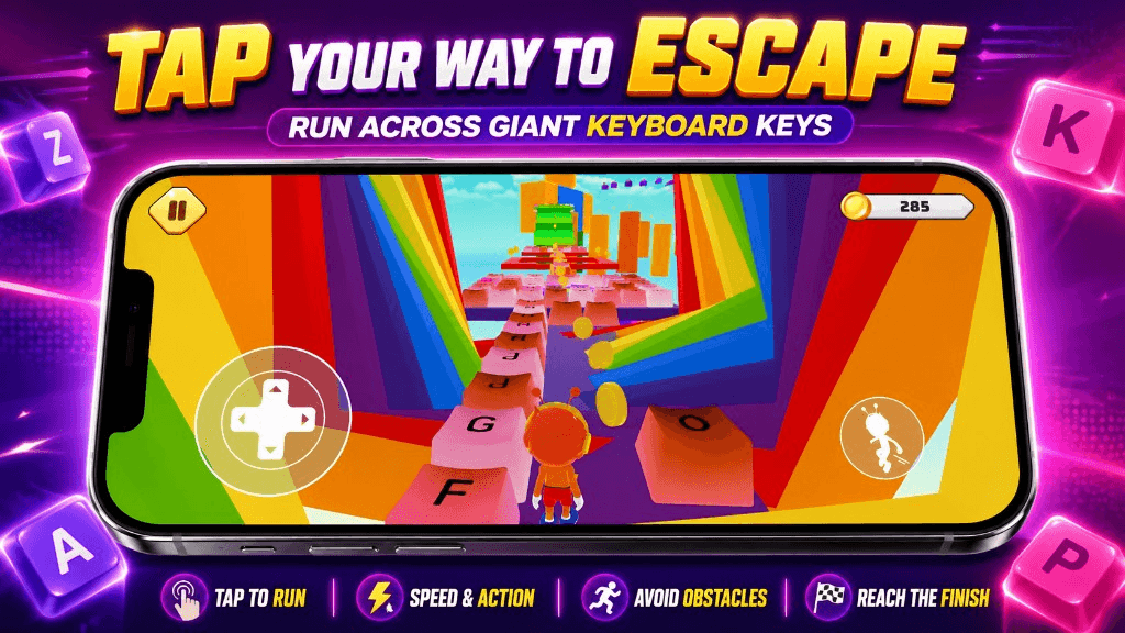 Tap your way to escape — run across giant keyboard keys